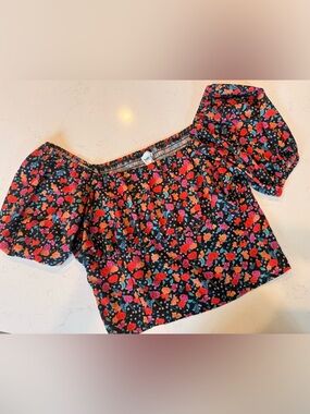 twik Black Off-Shoulder Floral Crop Top with Red, Pink & Orange Roses